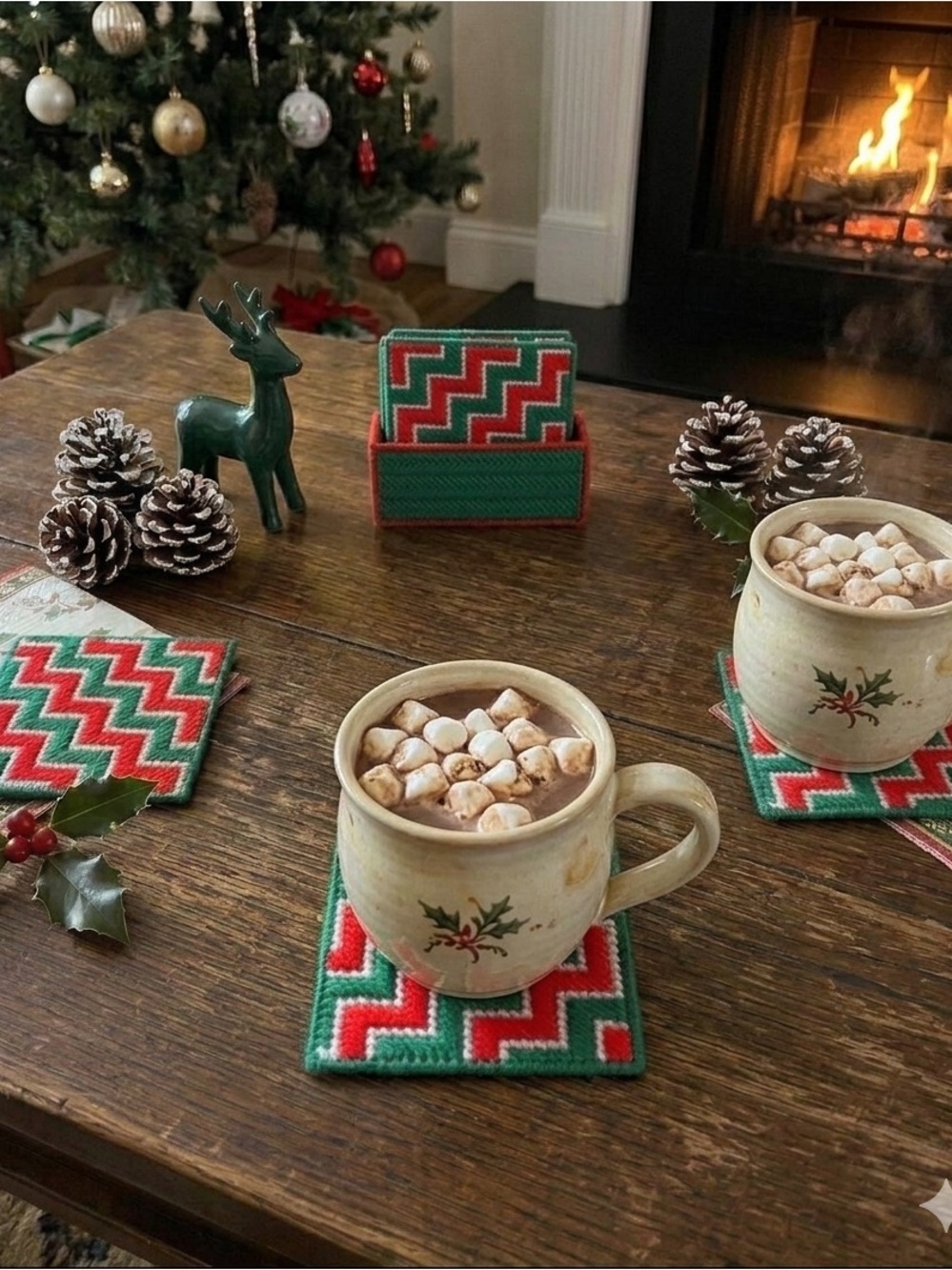 Set of 6 Vintage Needlepoint Christmas Coasters Chevron Zig Zag with Holder